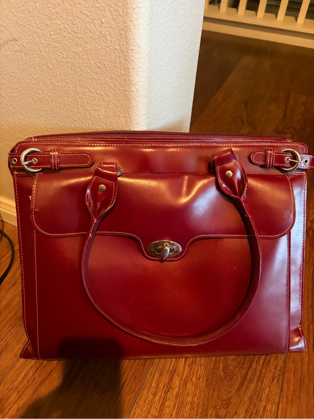 Structured Red Leather Satchel with Turn-Lock Detail